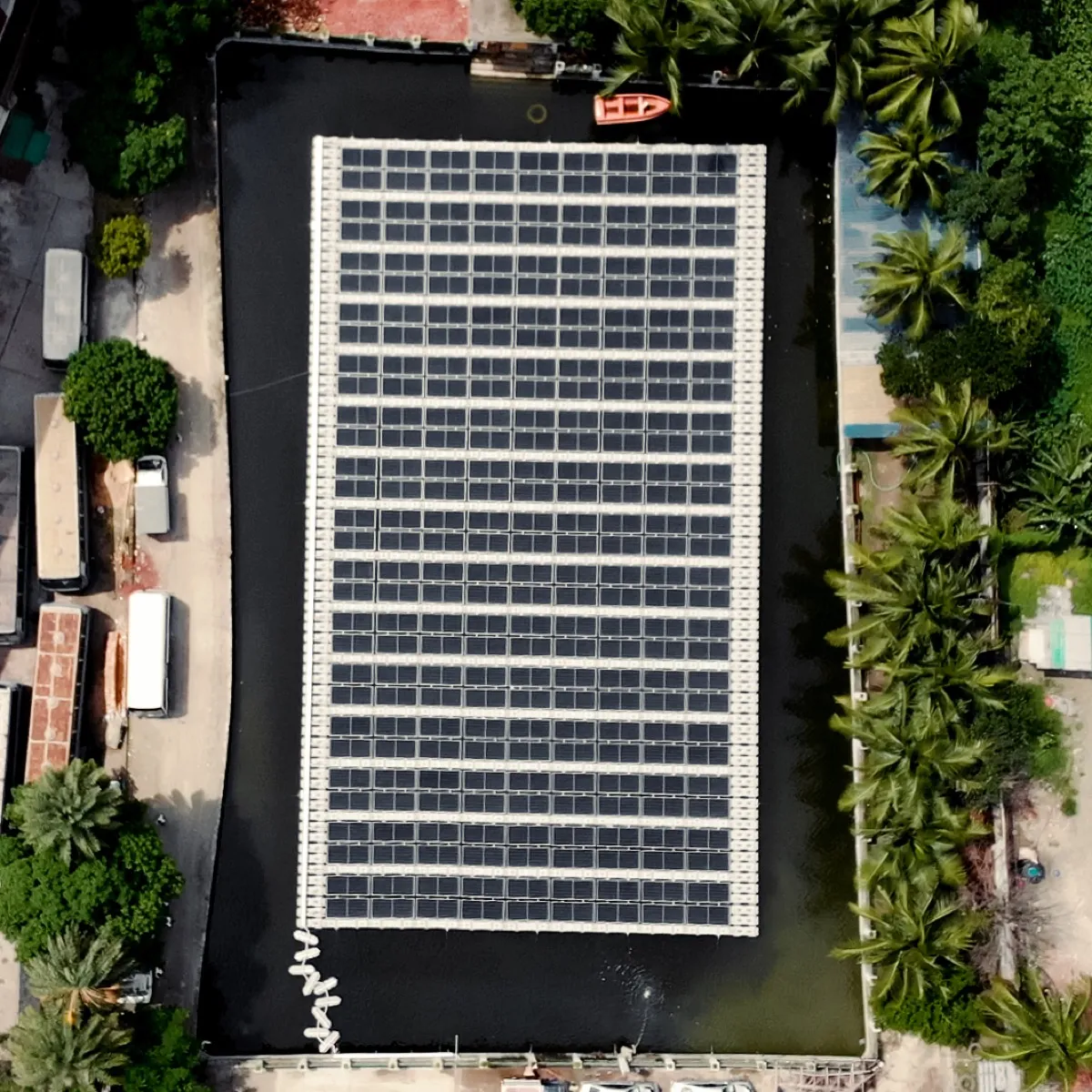 Aerial view of AKH Fashions floating solar installation in Bangladesh