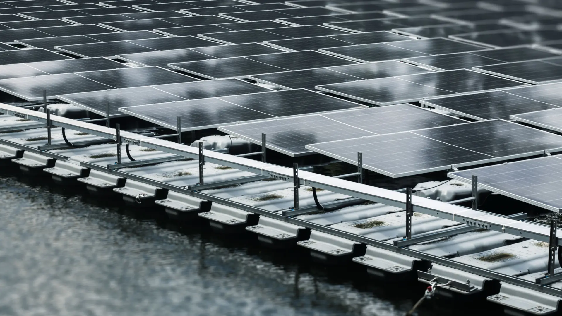 Close-up of floating solar panels on water surface