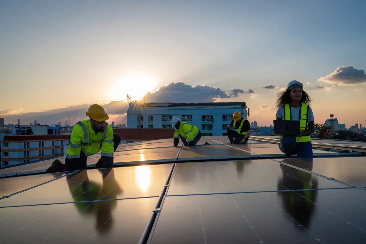 Engineer checking solar cell installation on rooftop