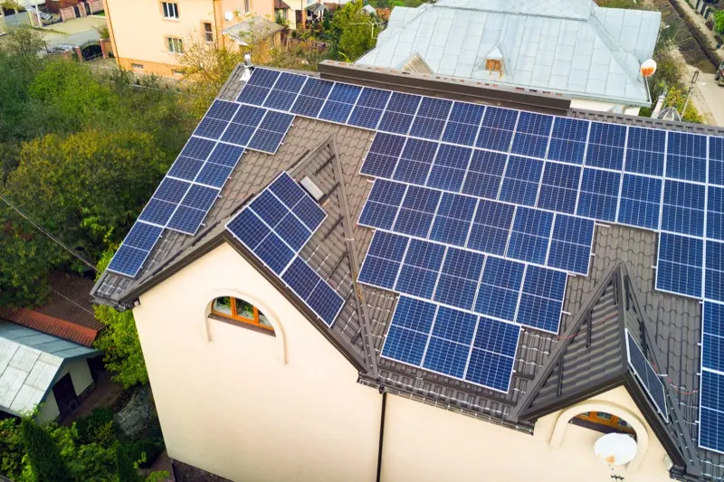Aerial view of solar panels on a private house roof